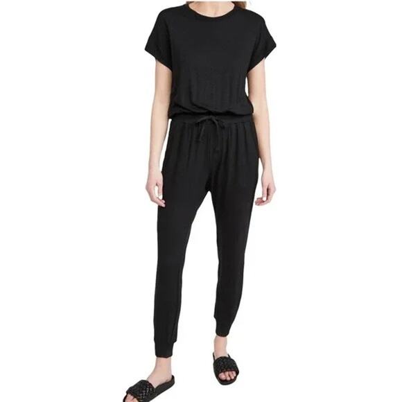 Splendid Flora Soft Black Knit Short Sleeve Elastic Waist Jogger Jumpsuit Lounge - Picture 3 of 14